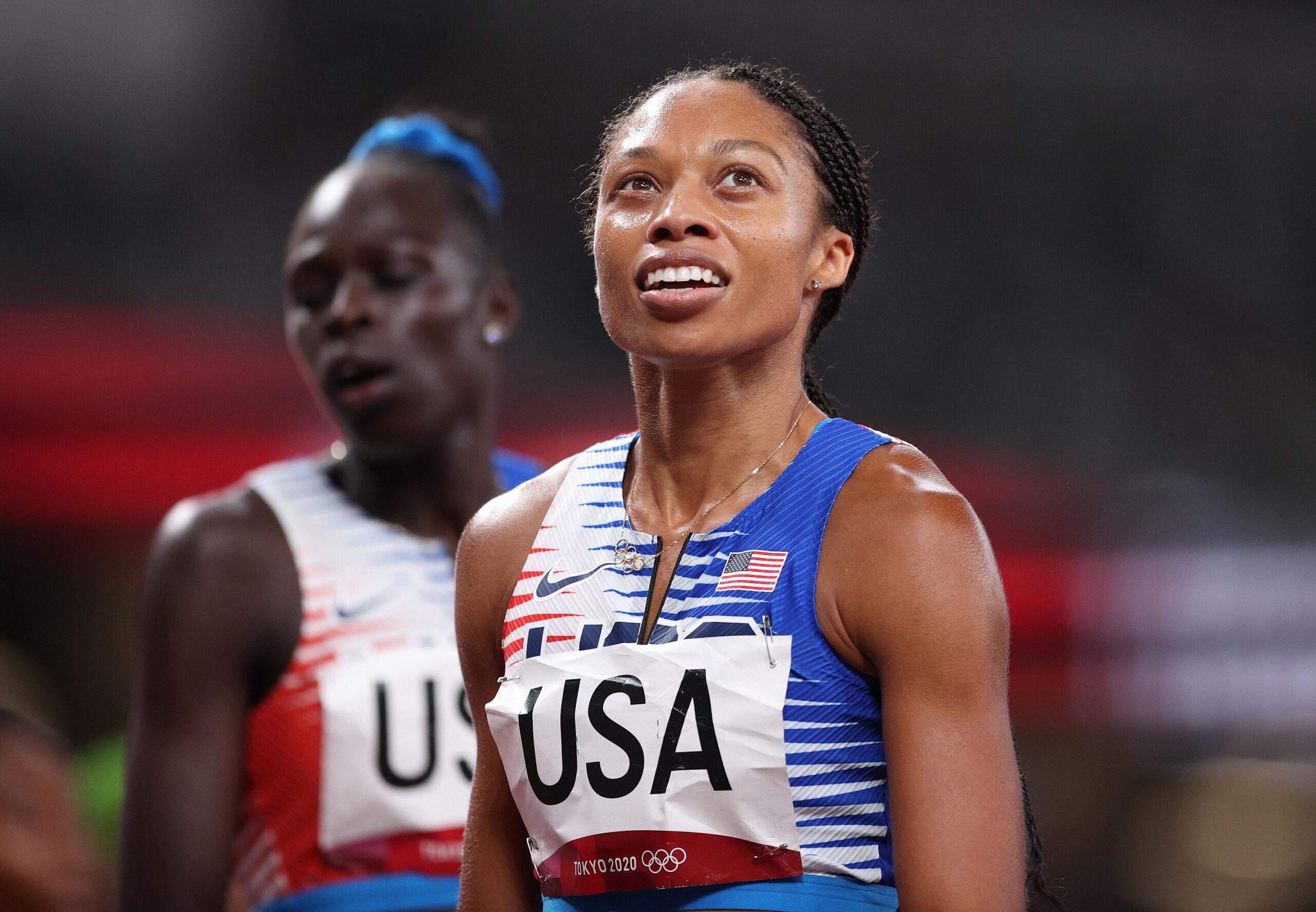 Allyson Felix reacts after winning the gold medal in the women' s 4 x 400m relay final at Tokyo 2020.