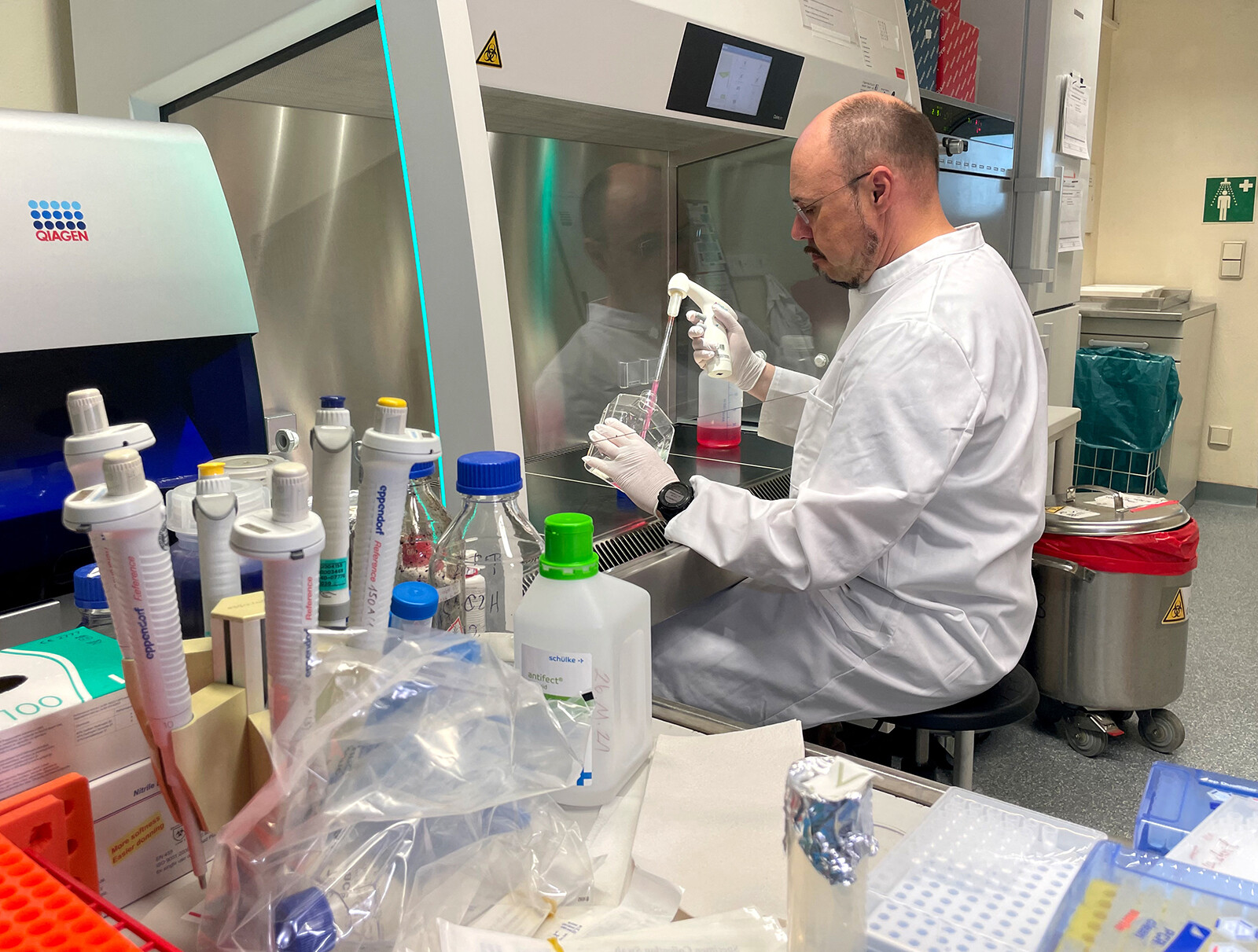 Head of the Institute of Microbiology of the German Armed Forces Roman Woelfel works in his laboraty in Munich