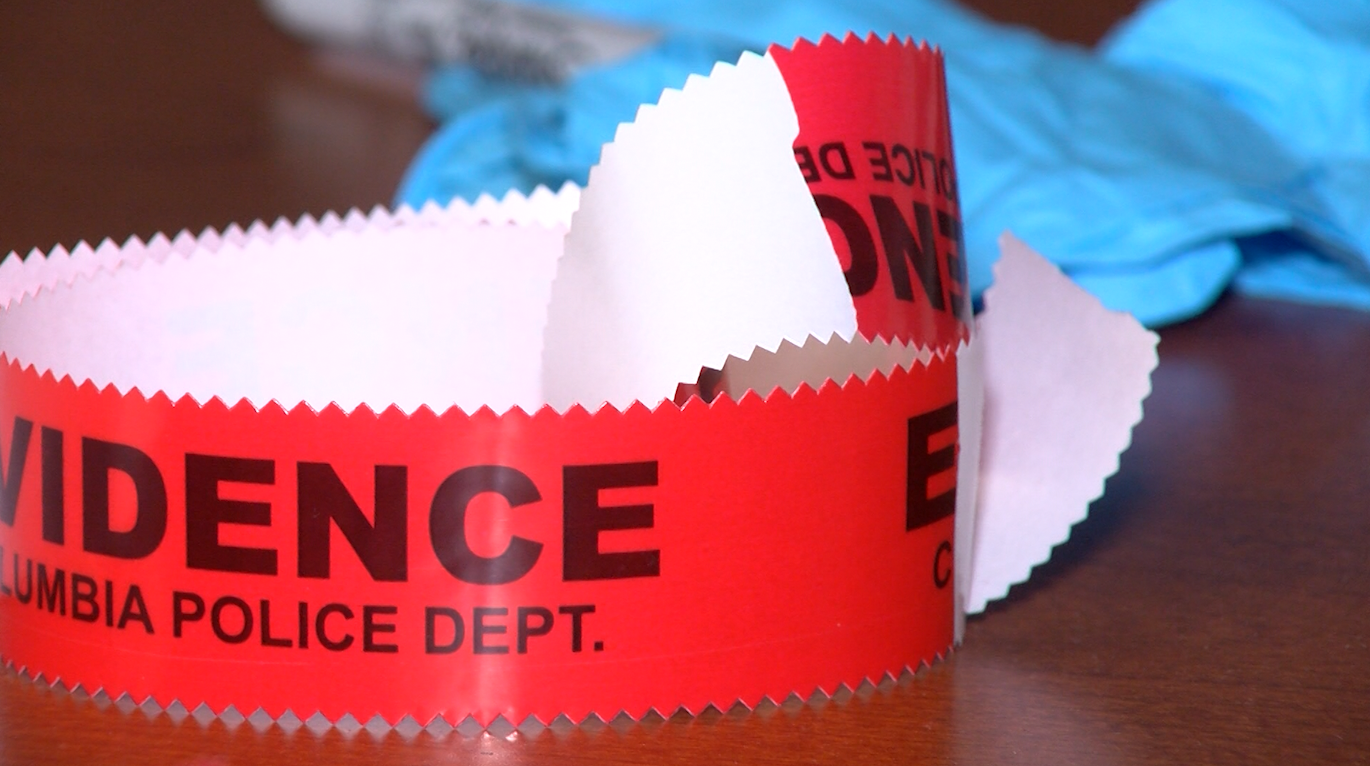 Evidence tape and gloves at the Columbia Police Station on Sept. 18, 2025