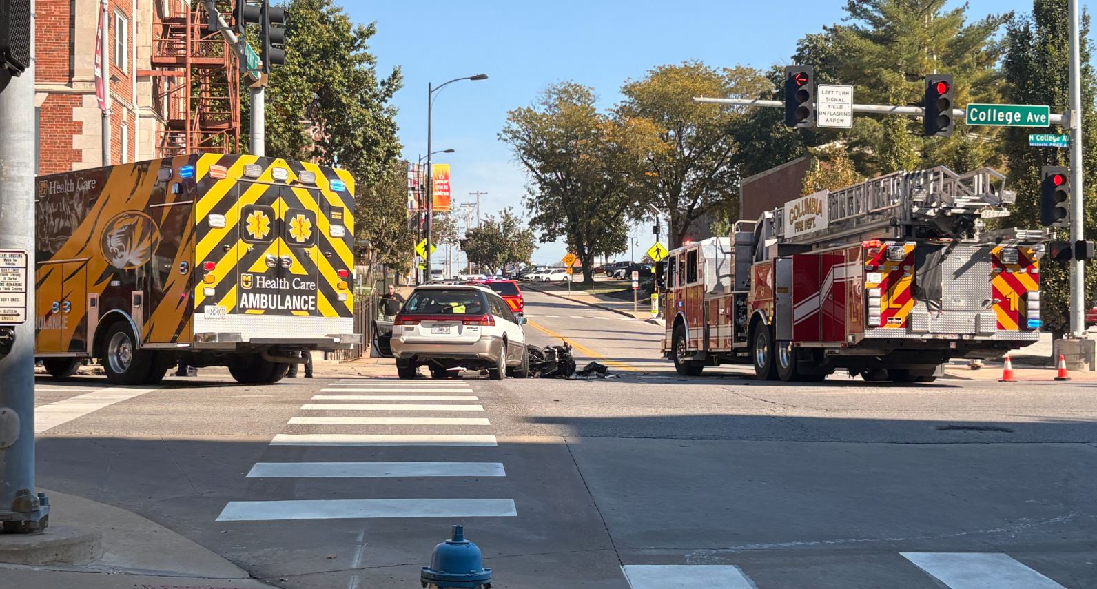 The intersection of East Walnut Street and College Avenue in downtown Columbia was closed on Monday, Oct. 26, 2026, after a crash occurred between a motorcycle and another vehicle. 